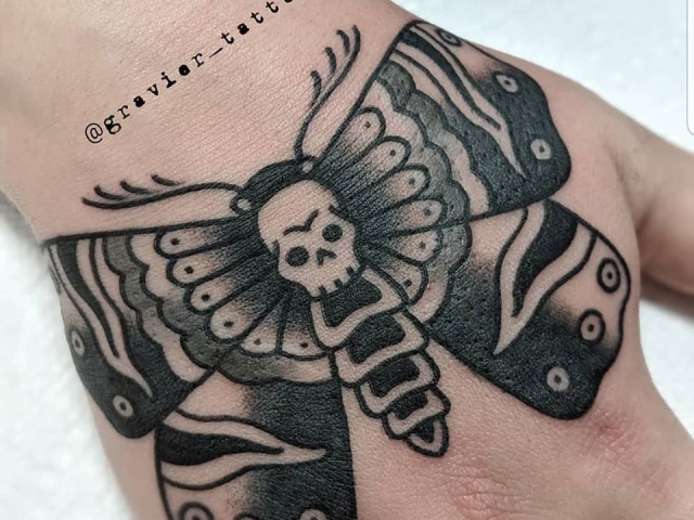 tattoo, tatouage, moth tattoo, black work, black tattoo, hand